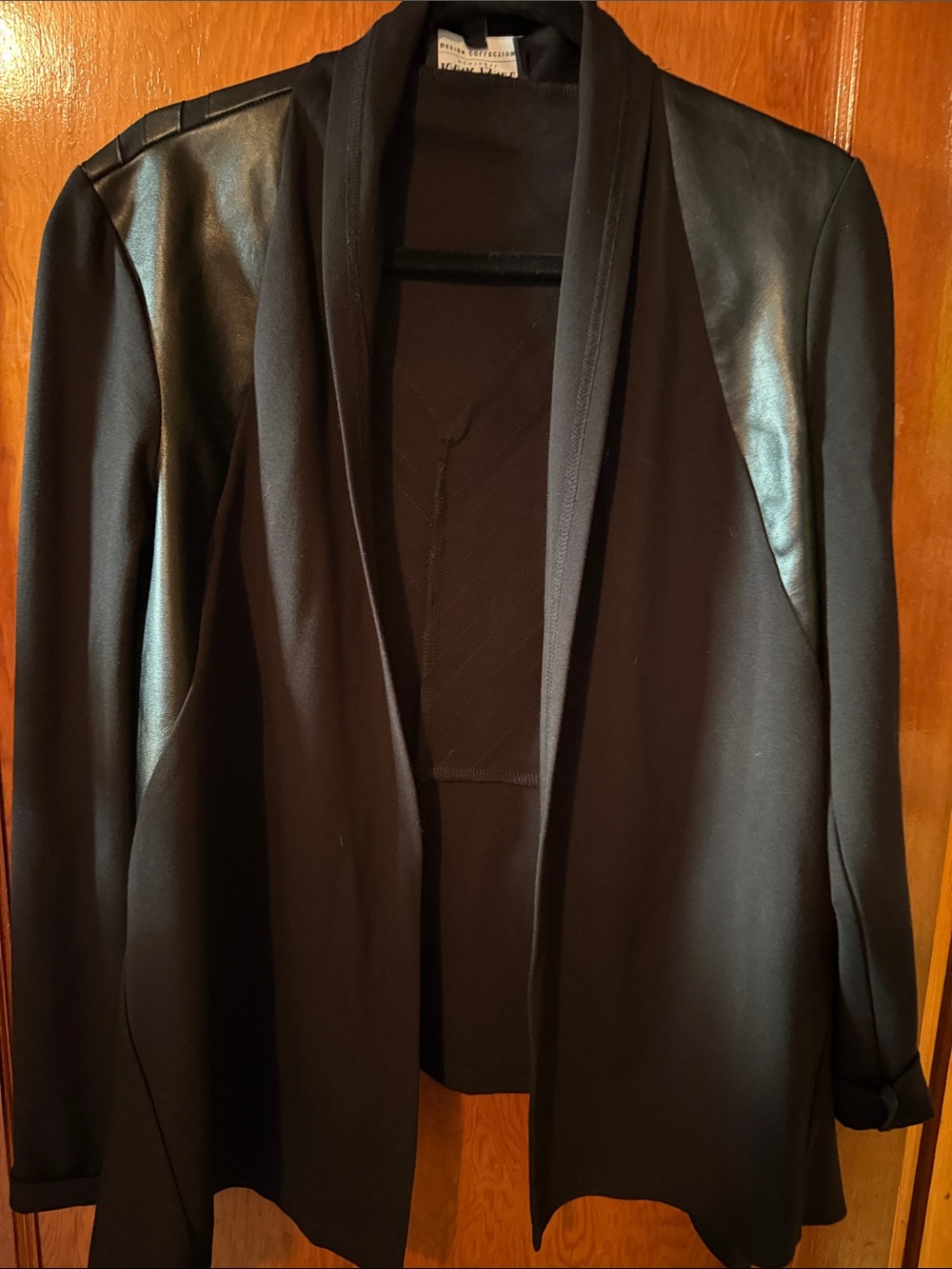 Frank Lyman Design Black Open-Front Blazer with Faux Leather Shoulders and back